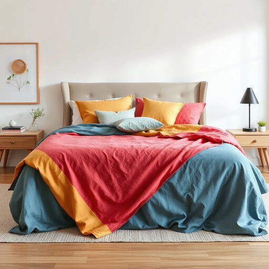 Vibrant multicolor bedspread on a neatly made bed with coordinating pillows in a modern bedroom