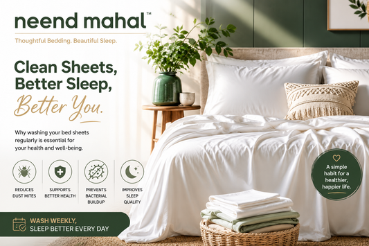 Luxury white bedsheets on a styled bed with folded sheets in basket, promoting clean sleep and wellness.