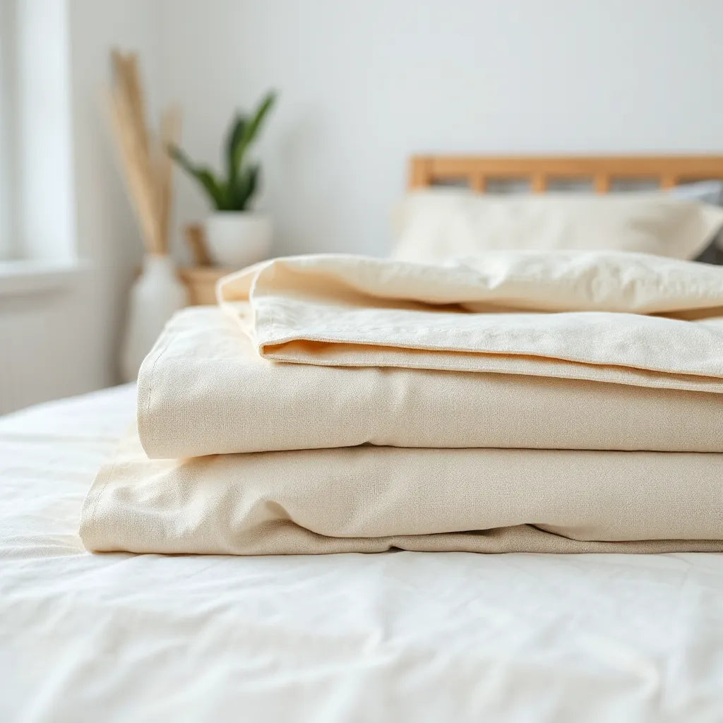 Folded handcrafted cotton bedsheets with visible weave texture and neat stitching in soft natural tones