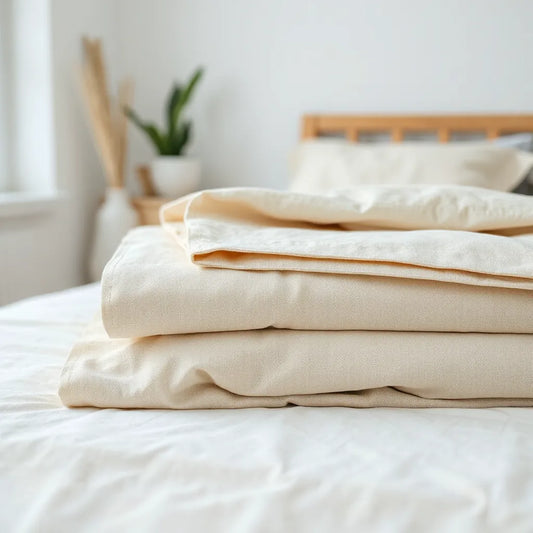 Folded handcrafted cotton bedsheets with visible weave texture and neat stitching in soft natural tones