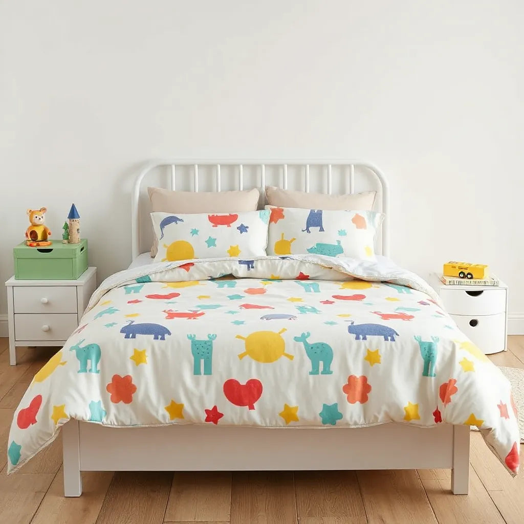 Colorful kids bed with bright patterned bedding and pillows in a cheerful, uncluttered bedroom