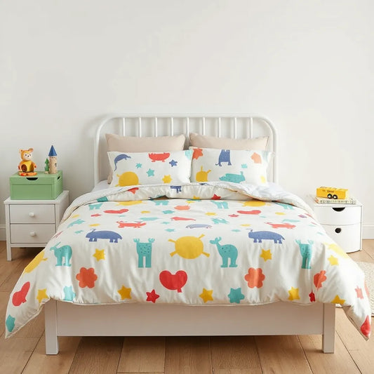 Colorful kids bed with bright patterned bedding and pillows in a cheerful, uncluttered bedroom