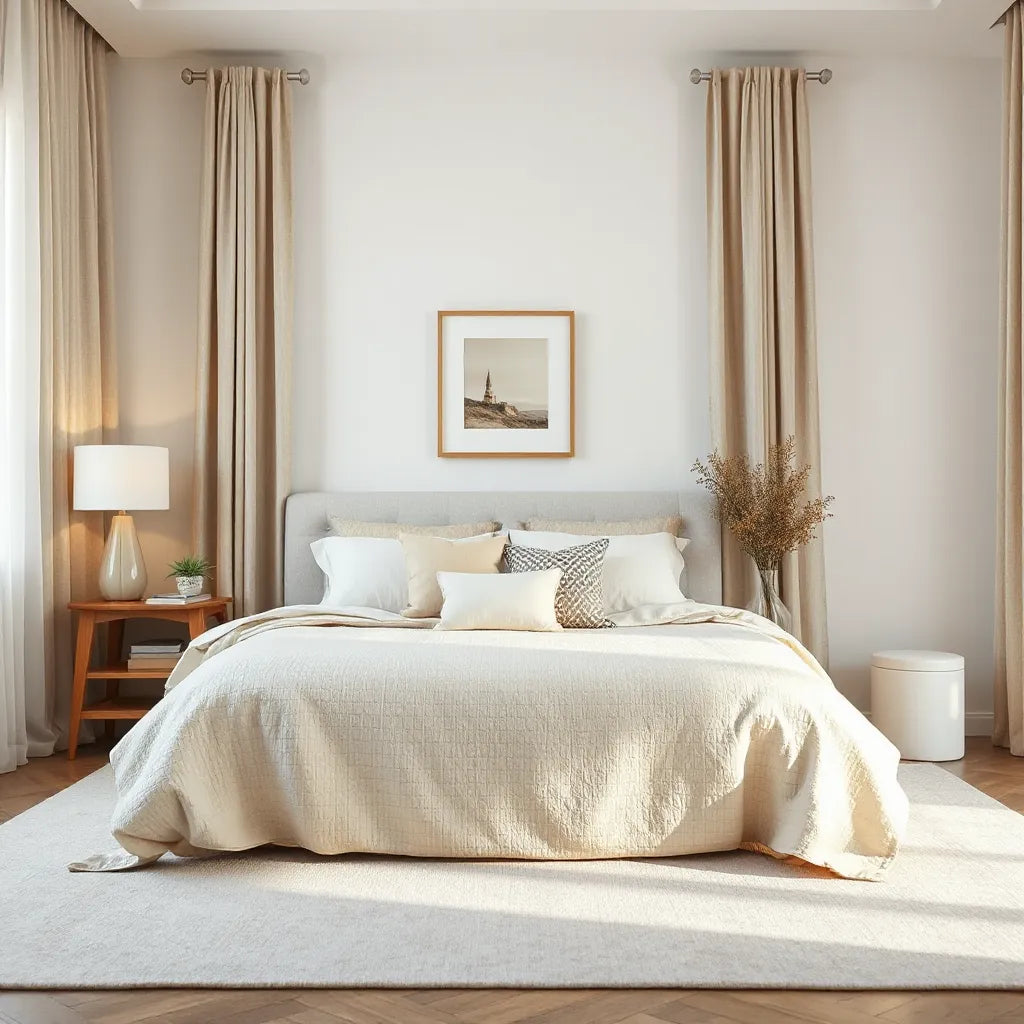 Neatly styled modern bedroom with layered bedding, soft pillows, and a bedside lamp