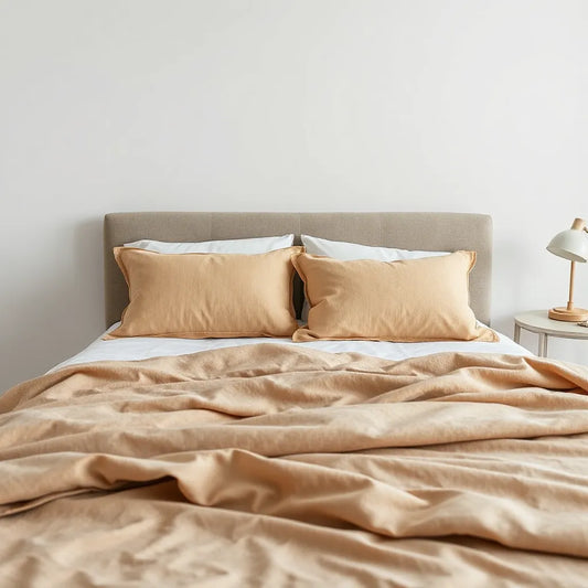 Neatly styled bed with coordinated matching pillow covers in soft complementary colors