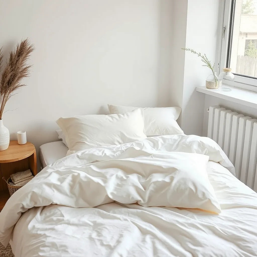 Neatly made bed with clean white bedsheets, folded linens, and a small stack of laundry cloths by the window