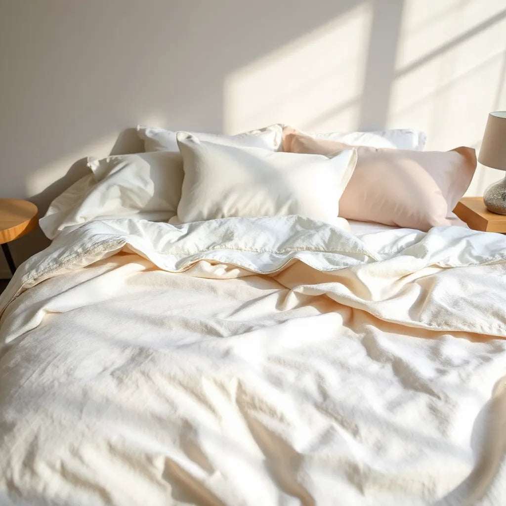 Neatly made bed with premium neutral luxury bedding and soft satin-trim details in warm light