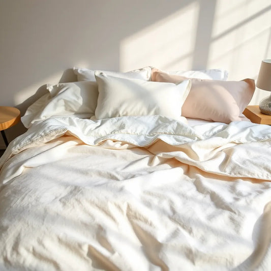 Neatly made bed with premium neutral luxury bedding and soft satin-trim details in warm light