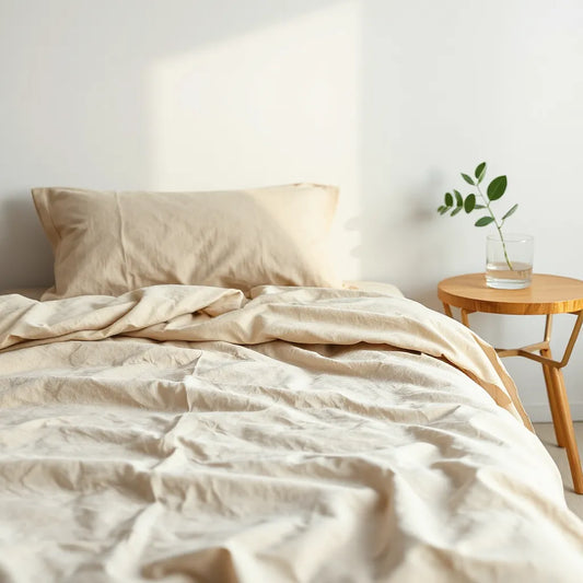 Neatly made bed with smooth, naturally colored bedsheets and visible fabric texture in soft light