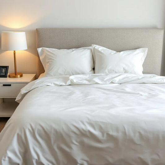 Neatly made hotel bed with crisp white bedding, pillows, and warm bedside lighting