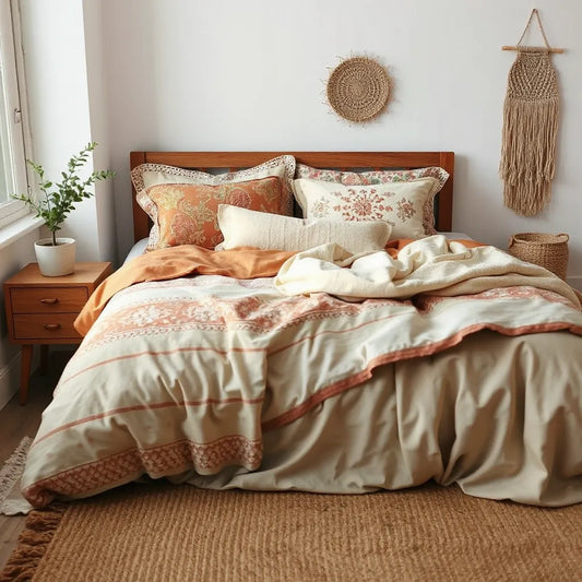 Bohemian printed bedsheets layered on a cozy bed with warm earthy tones and woven throws