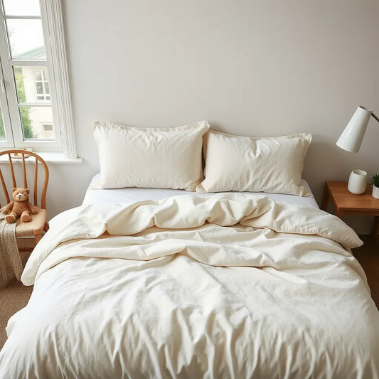 Neatly made bed with soft, kid-friendly linens and pillows in bright, natural light