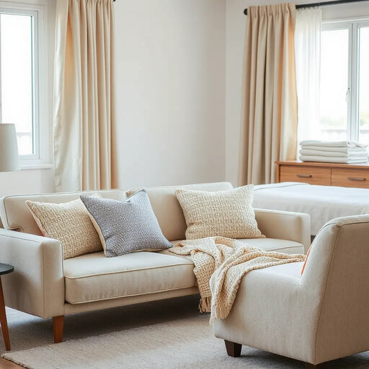 Living room with coordinated trendy textiles on sofa, curtains, and pillows in natural daylight