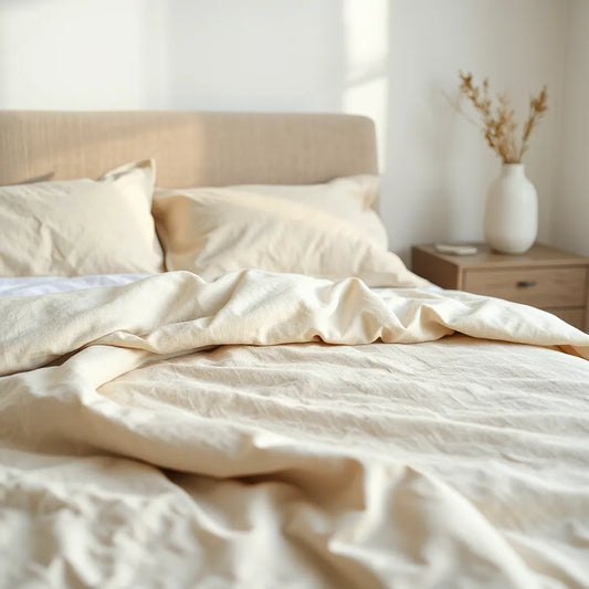 Neatly made bed with soft, breathable bed linens showing visible fabric texture under natural light
