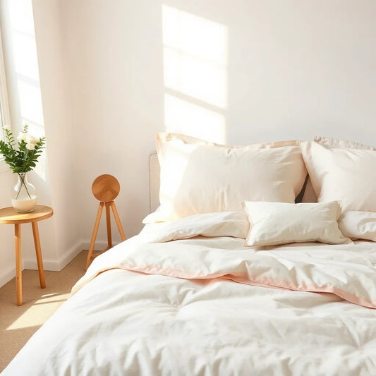 Neatly made bed with pastel aesthetic bedsheets and coordinated pillows in a bright, cozy bedroom.