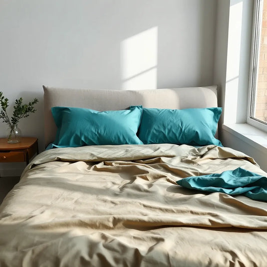 Neatly made bed with vibrant, color-rich fade-resistant sheets and pillowcases in soft natural light