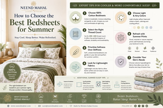 Summer bedsheets guide with 100% cotton, soft designs, and cooling tips for better sleep comfort