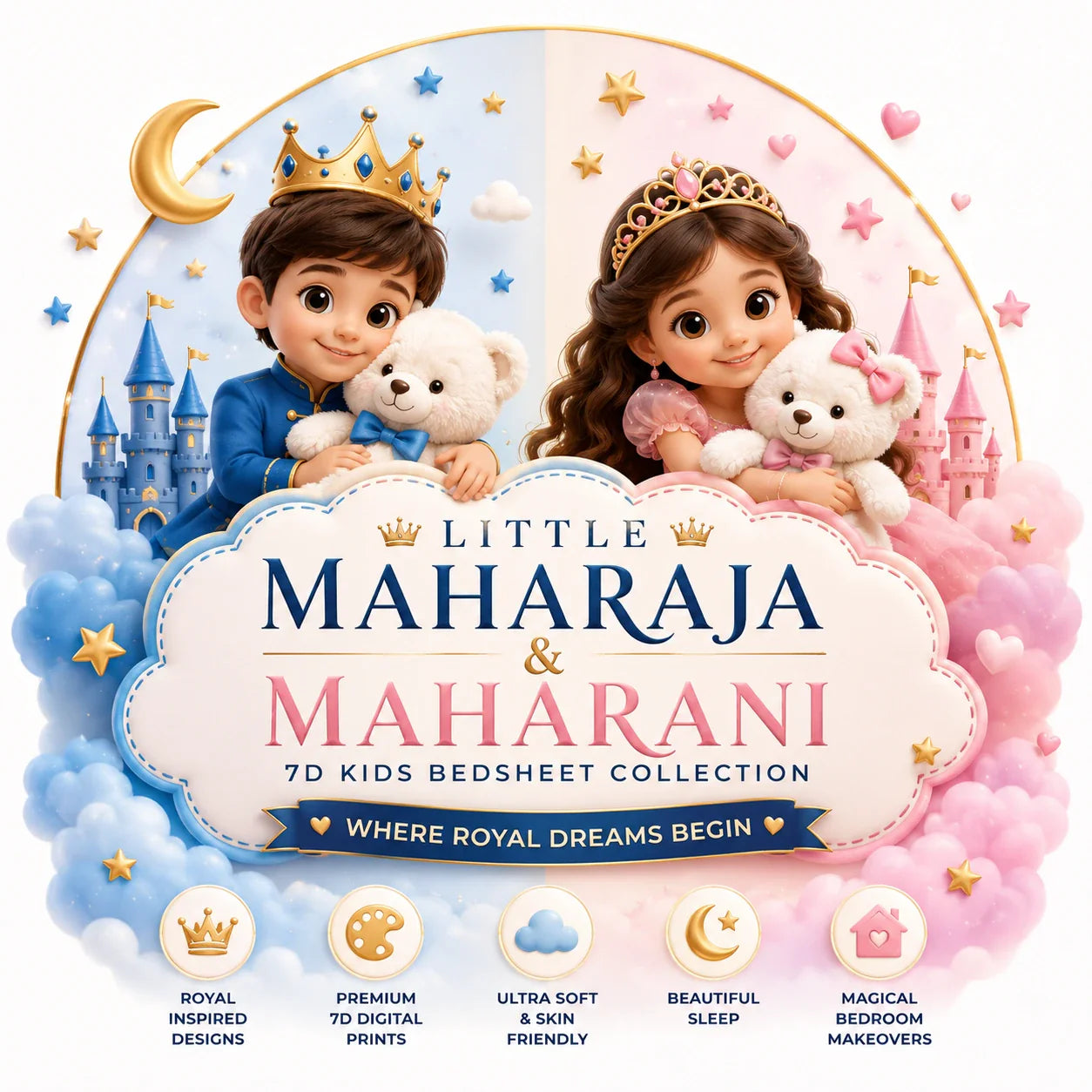 Little Maharaja & Maharani 7D Kids Bedsheet Collection with royal designs and soft prints for magical bedrooms