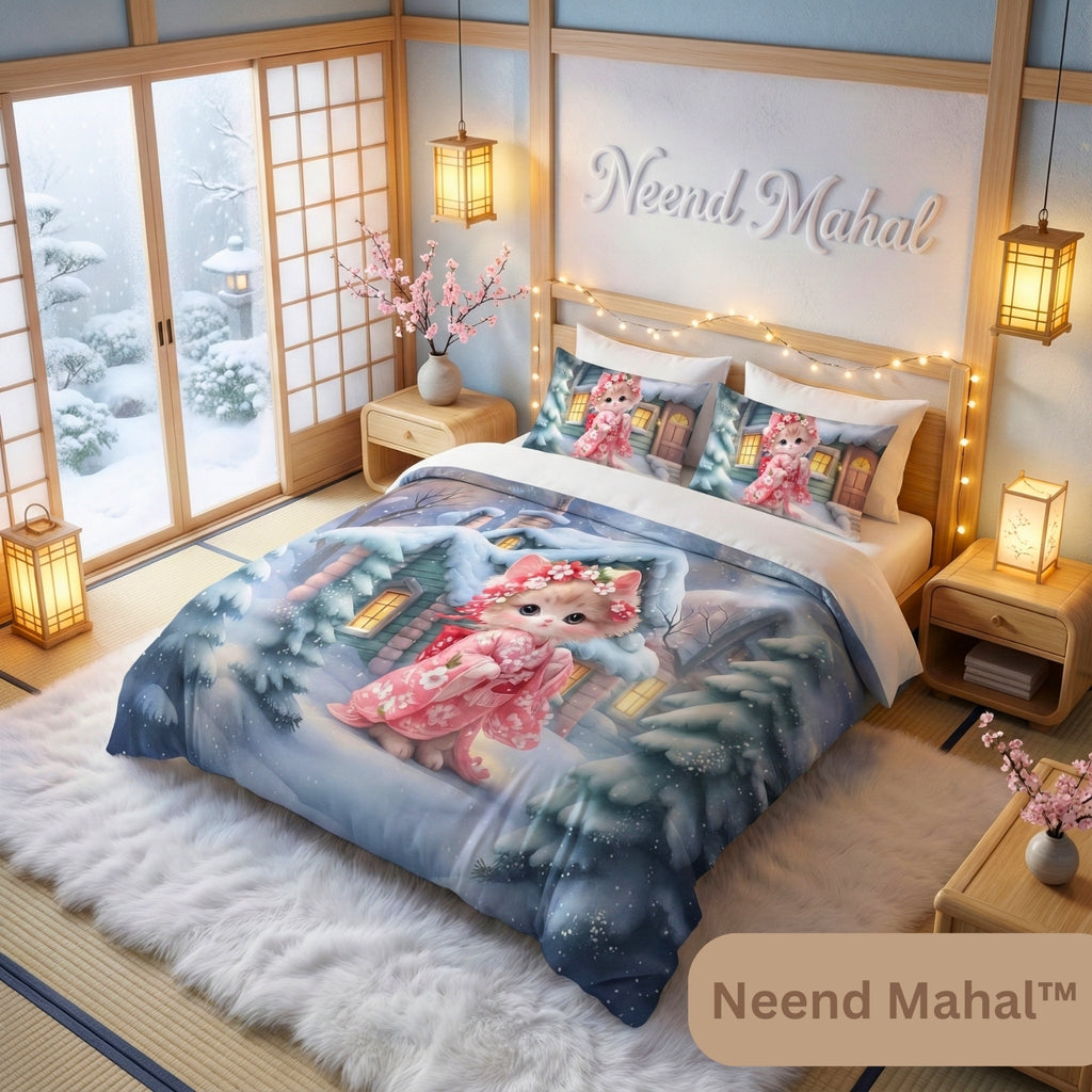 Cute cat in pink kimono on winter-themed bedsheets, cozy bedroom with snow view