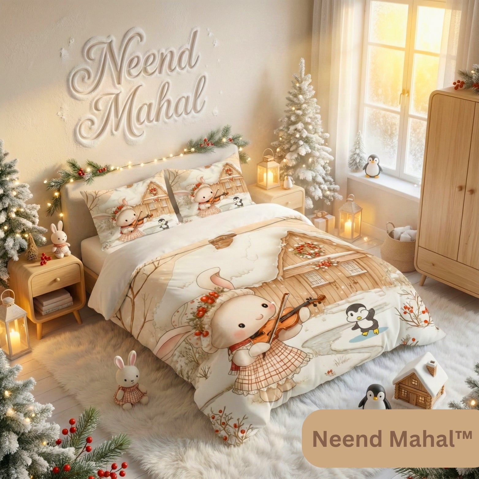Snow Bunny Serenade – Cartoon Kids Winter Bedsheet | Cotton