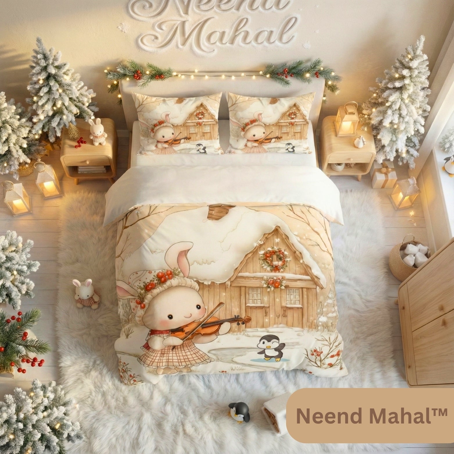 Snow Bunny Serenade – Cartoon Kids Winter Bedsheet | Cotton