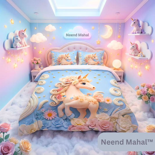 Magical unicorn bedsheets with 3D floral design, pastel colors, and cloud-themed bedroom decor for dreamy sleep.