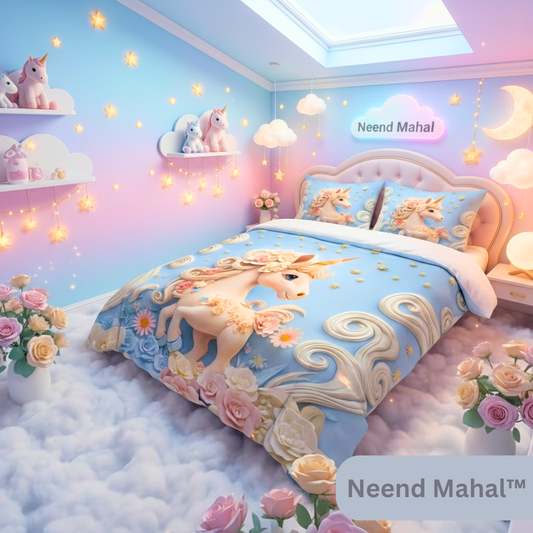Unicorn-themed luxury bedsheet with floral design, soft pastel colors, and cloud motifs for dreamy bedroom decor