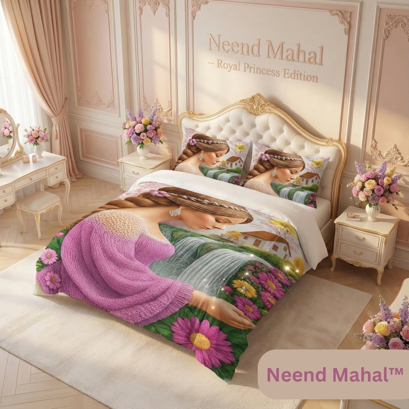 Serene Waterfall Maiden – Fantasy 7D Bedsheet | King Size 108x108 inch