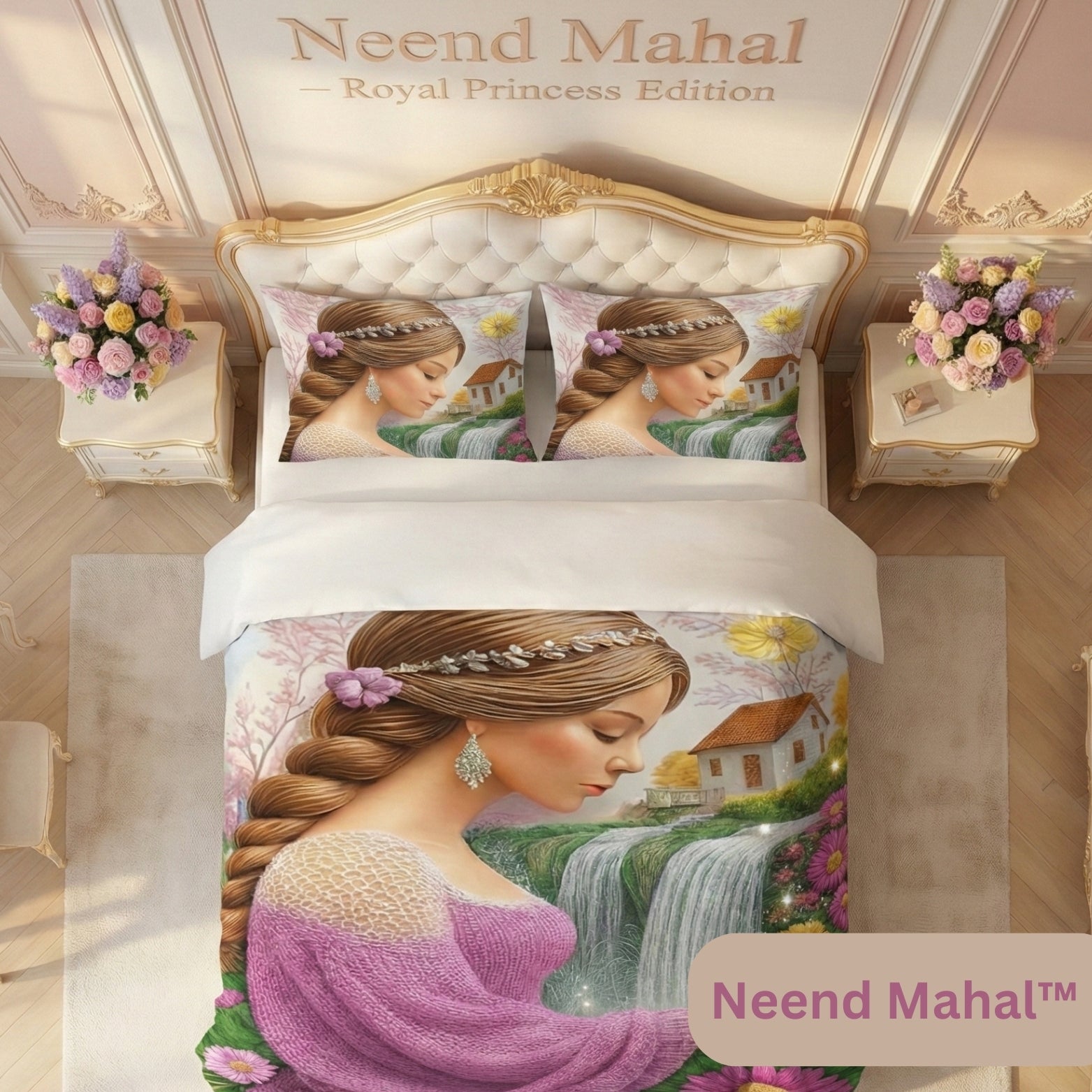 Serene Waterfall Maiden – Fantasy 7D Bedsheet | King Size 108x108 inch