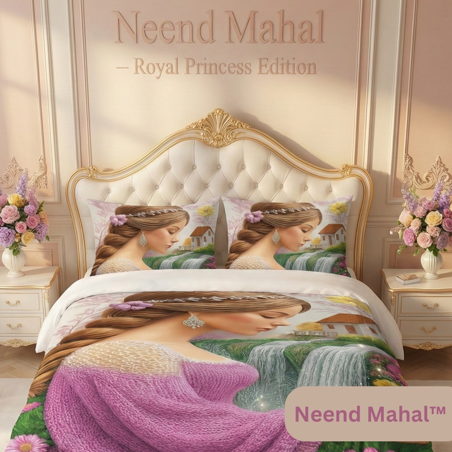 Serene Waterfall Maiden – Fantasy 7D Bedsheet | King Size 108x108 inch