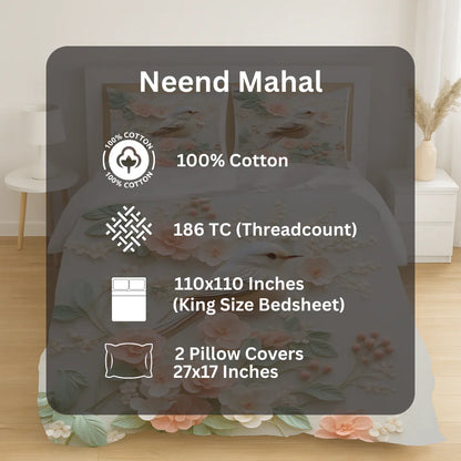 King size 100% cotton bedsheet set with floral bird print, 186 thread count, includes 2 pillow covers