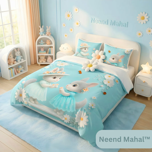 Cute bunny and daisy print kids bedsheets in soft blue, perfect for cozy children's bedrooms