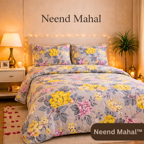 Gulnaar – Sunehri Blossom Mist | 100% Pure Cotton King Size Bedsheet (250 TC)