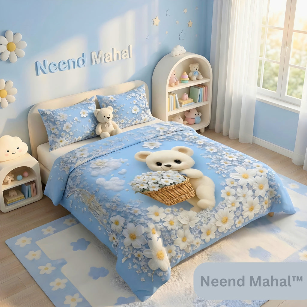 Modern Fairy Teddy – Premium 7D Double Bed Bedsheet with Pillow Covers