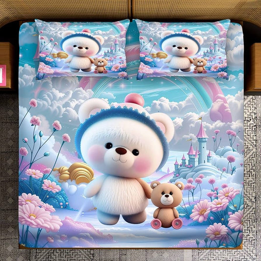 Rainbow Teddy Fantasy | 7D Bedsheet | King Size Bedsheet with 2 Pillow Covers