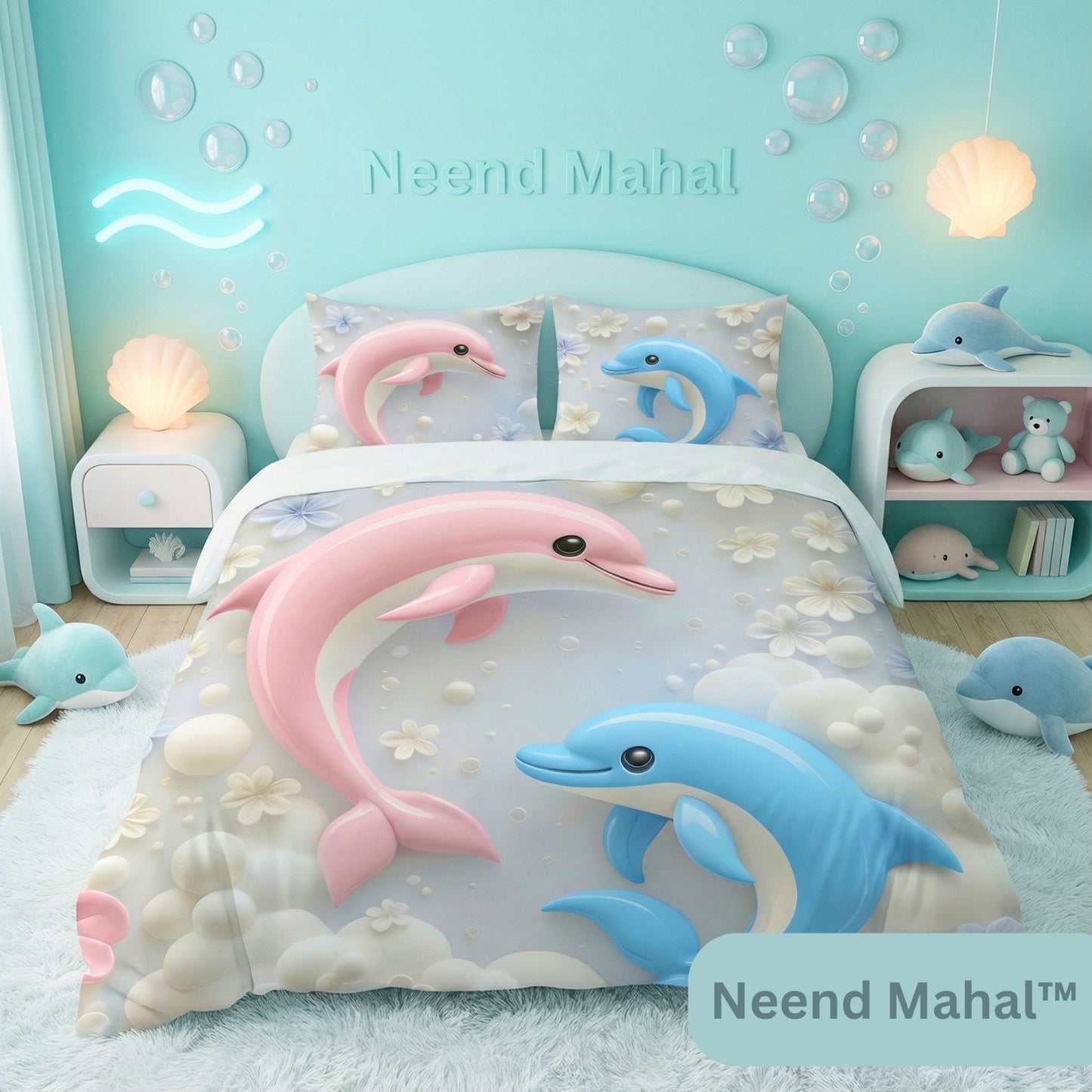 Pink and blue dolphin print bedsheets with floral bubbles, kids' bedroom decor