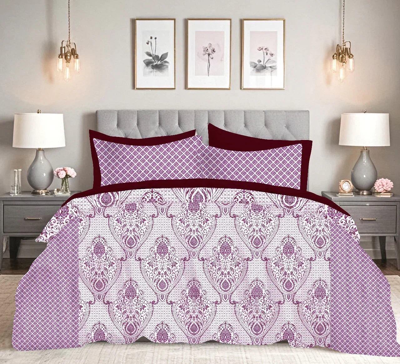 Royal Purple Elegance – Premium Damask Double Bedsheet  Cotton