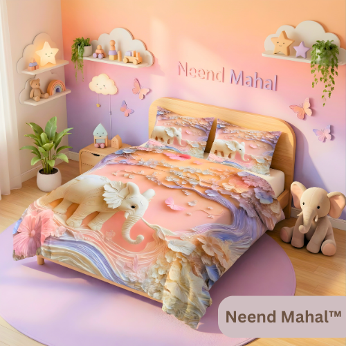 Luxury elephant-print bedsheet set for cozy, elegant bedrooms with soft pastel tones and 3D design