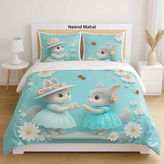 Cute bunny print bedsheets with floral design, soft pastel blue, perfect for kids' bedrooms and cozy sleep