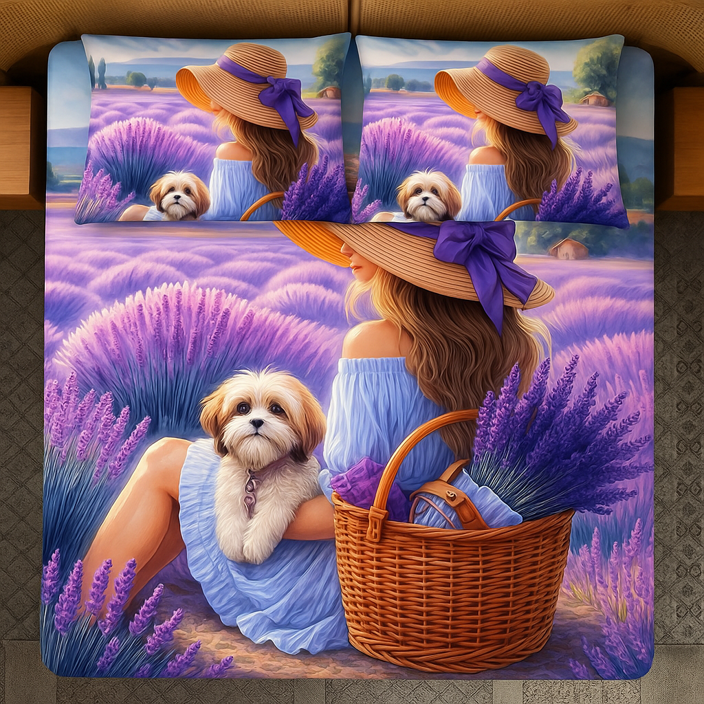 Shih Tzu Lovers Lavender Love Story – 7D Bedsheet  King Size | Premium Cotton