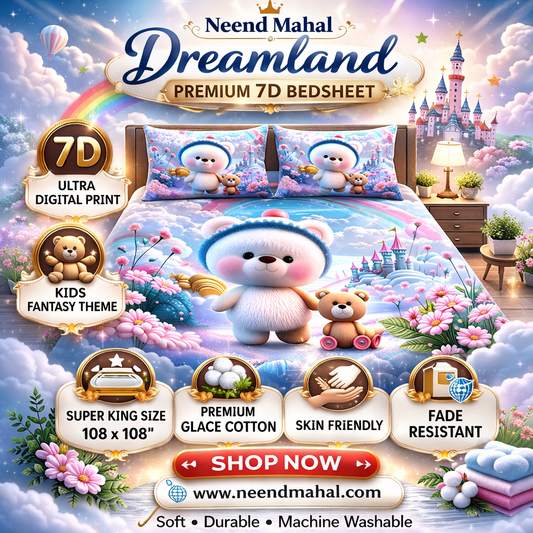 Rainbow Teddy Fantasy | 7D Bedsheet | King Size Bedsheet with 2 Pillow Covers