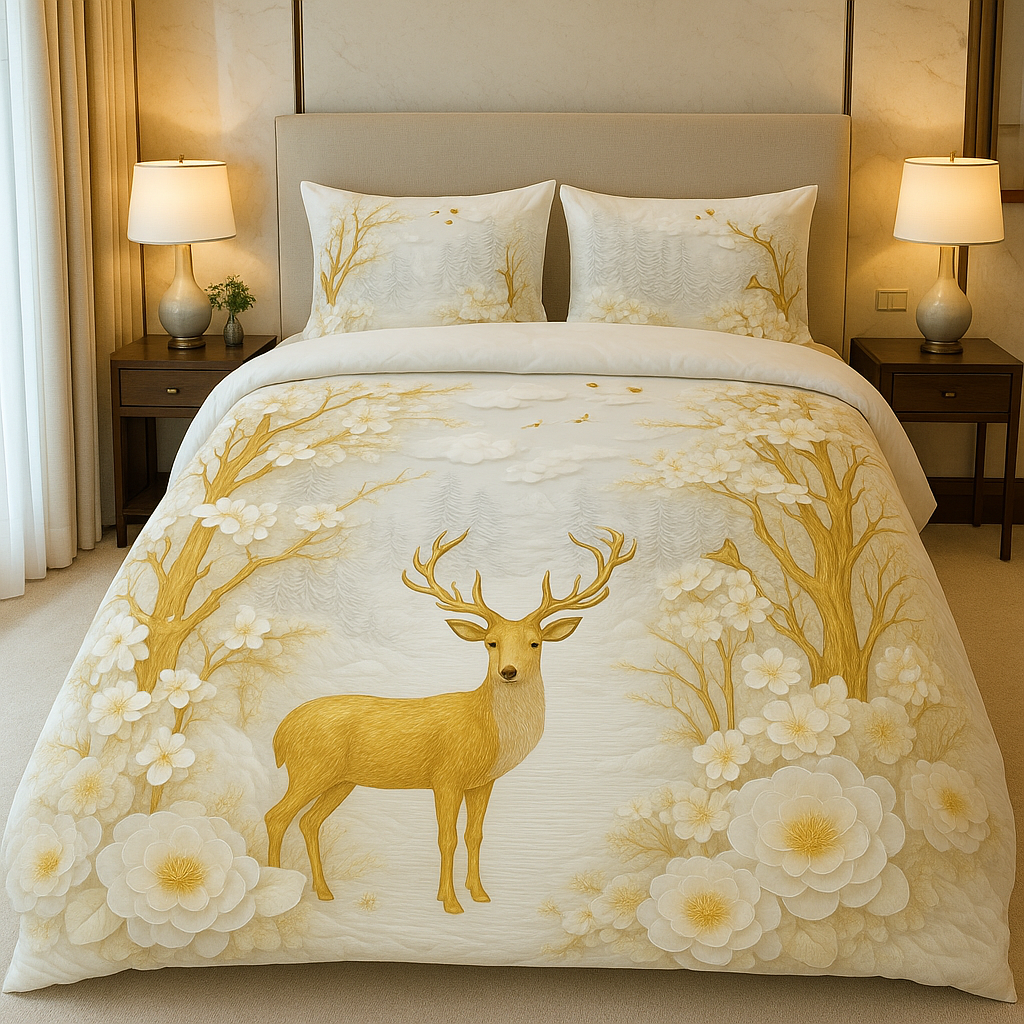 Golden Serenity Deer – Royal 7D Digital Print Bedsheet | King Size 108x108 | Neend Mahal