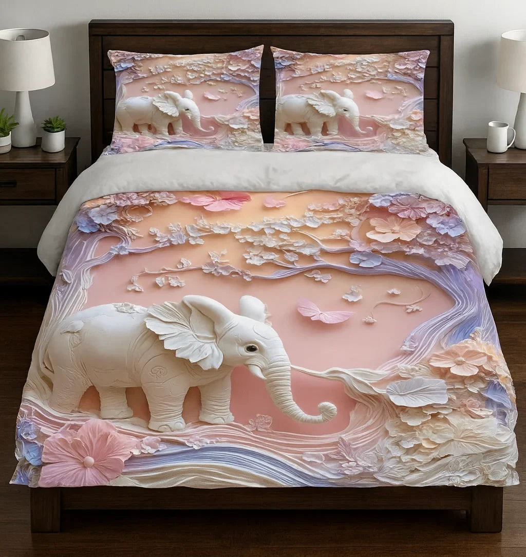 Double bed Pastel Elephant Paradise – Premium 7D Double Bedsheet with Pillow Covers