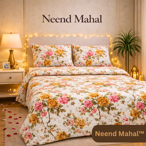 Gulnaar – Sunehri Gulbahar | 100% Pure Cotton King Size Bedsheet (250 TC)