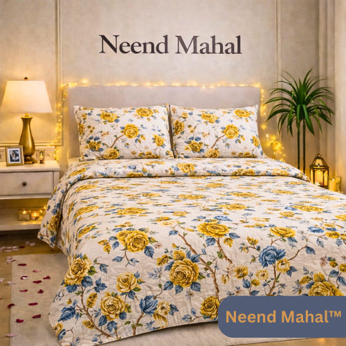 Gulnaar – Sunehri Neel Rose Garden | 100% Pure Cotton King Size Bedsheet (250 TC)