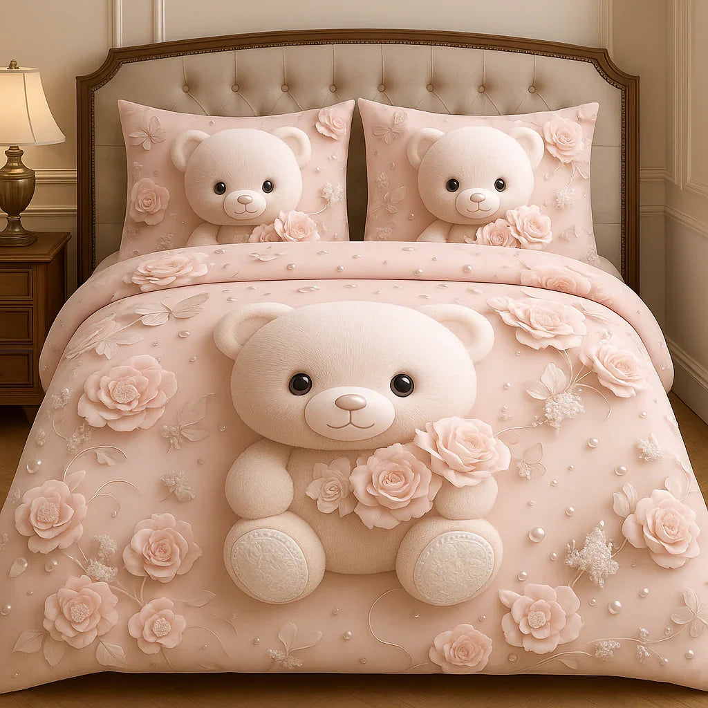 Pink luxury bedsheets with 3D teddy bear and rose floral design for elegant bedroom comfort