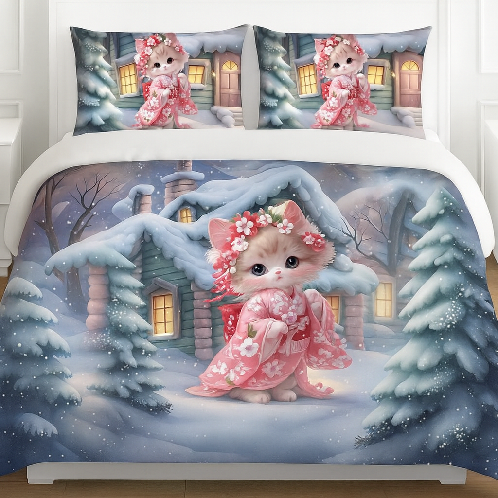 Cute kitten in pink kimono on snowy cabin bedsheet set, cozy winter bedroom decor