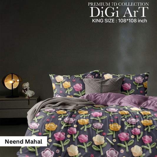 Tulip Garden Nights – Premium 7D Floral Bedsheet | King Size 108x108 inch - Neend Mahal