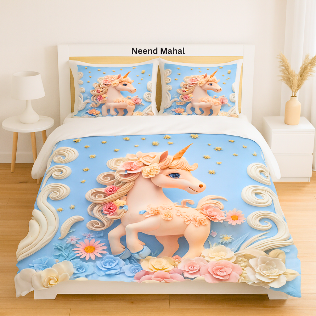 Enchanted Unicorn Dream – Premium 7D Double Bedsheet with Pillow Covers