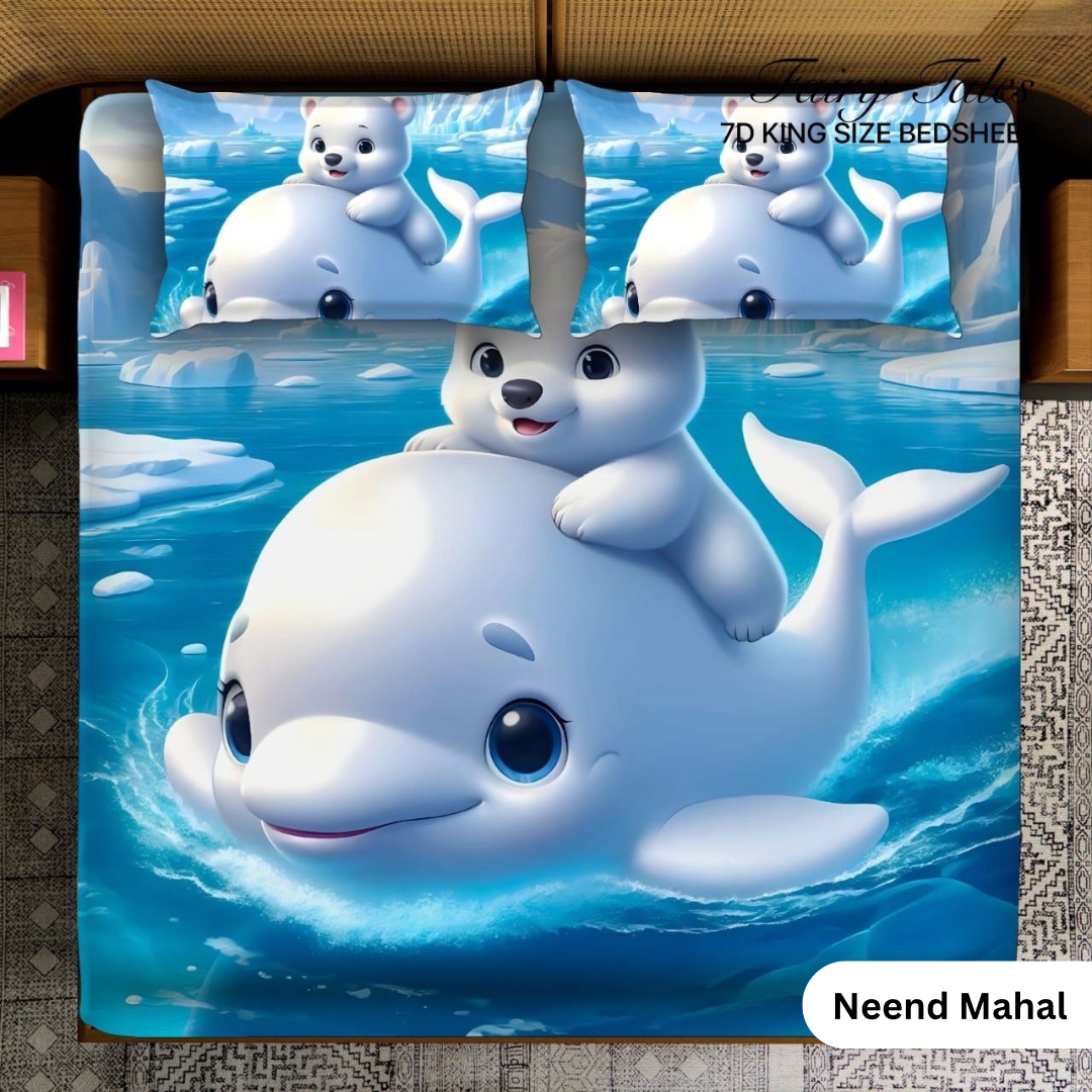King Size 108x108 inch | Arctic Friends Adventure – Polar Bear & Whale 7D Premium Bedsheet