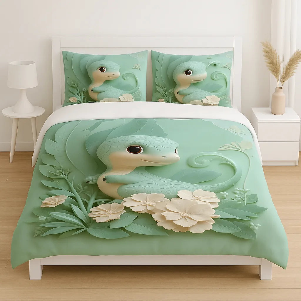 Mint green 3D dinosaur bedsheets with floral design for kids' bedroom comfort and style